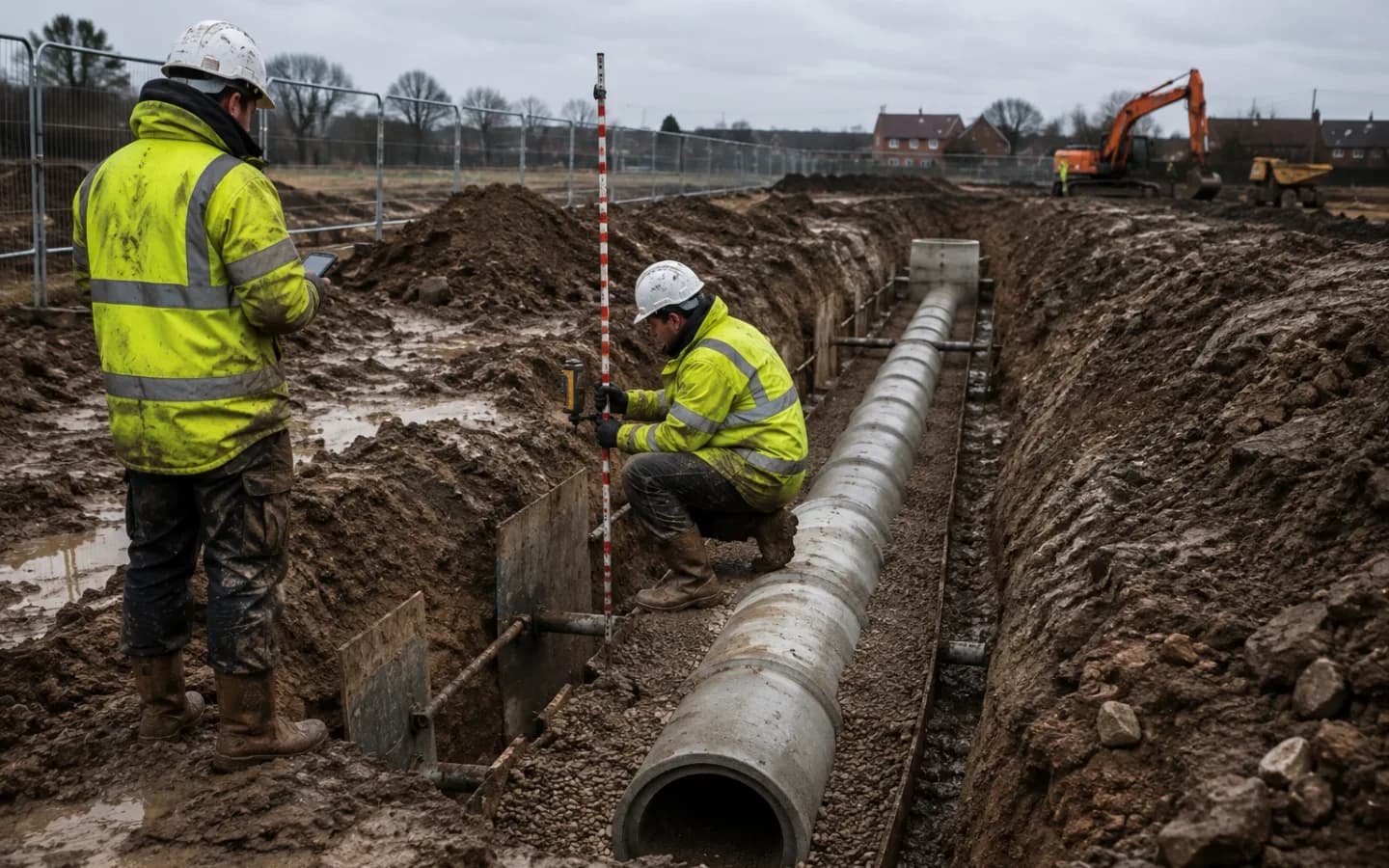 Engineers checking levels on a run of concrete drainage pipes in an open trench on a UK site