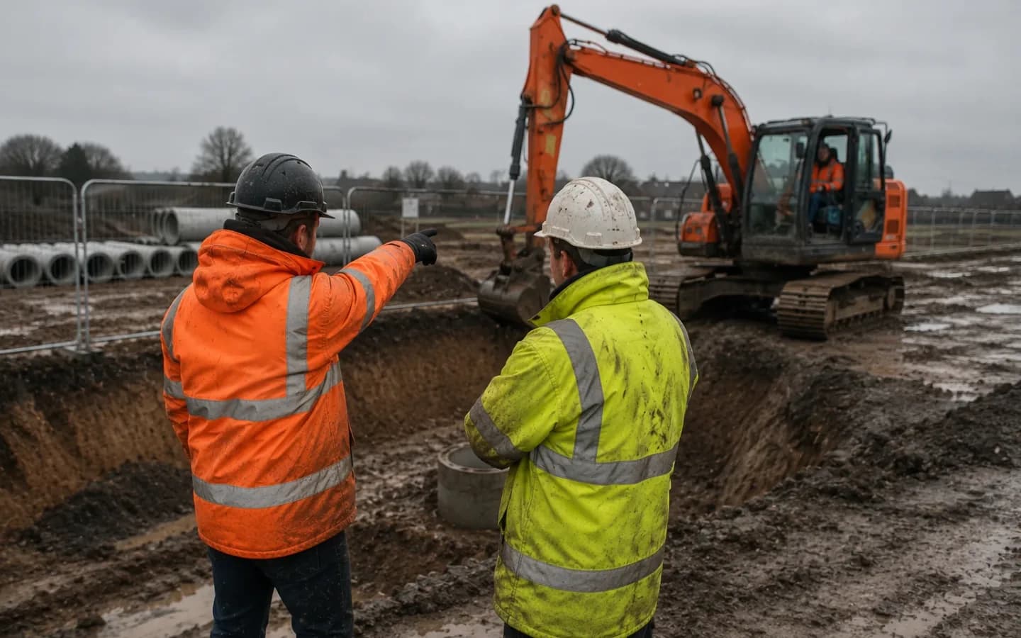 A client representative in orange hi-vis pointing out works to a site manager beside an open excavation