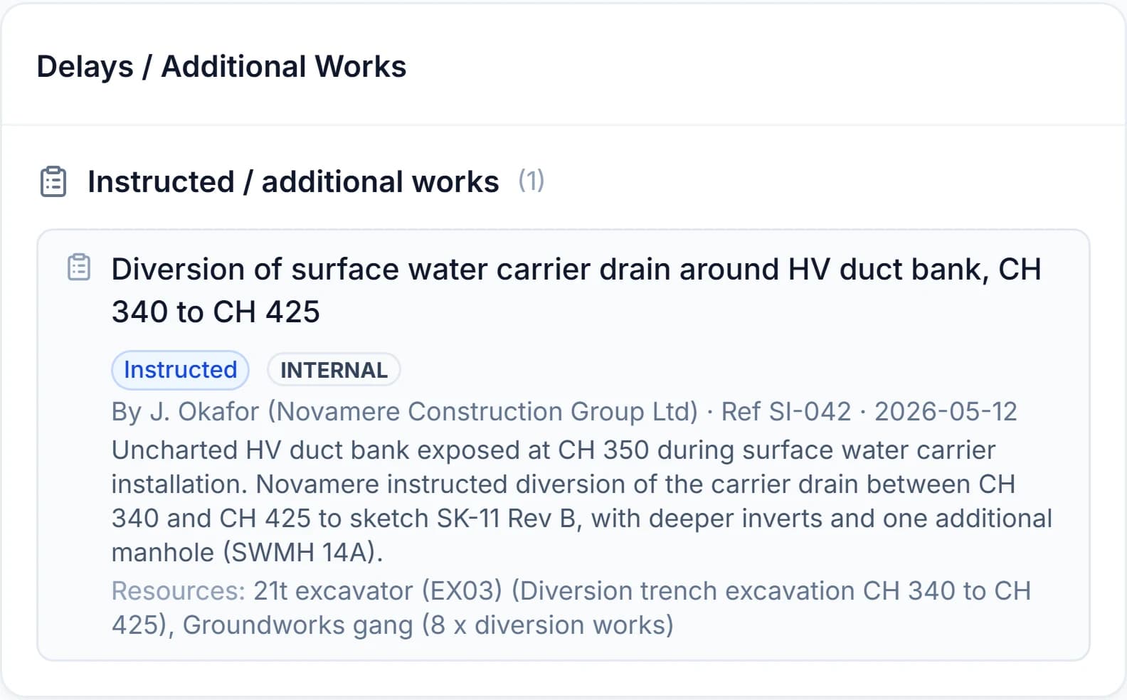 instructions section of a Site Chronicle daily diary