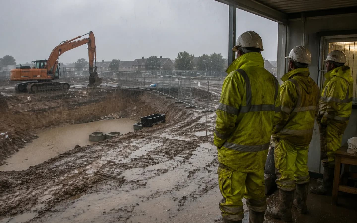 Site operatives sheltering under a cabin canopy in heavy rain, watching a flooded excavation and a stopped excavator