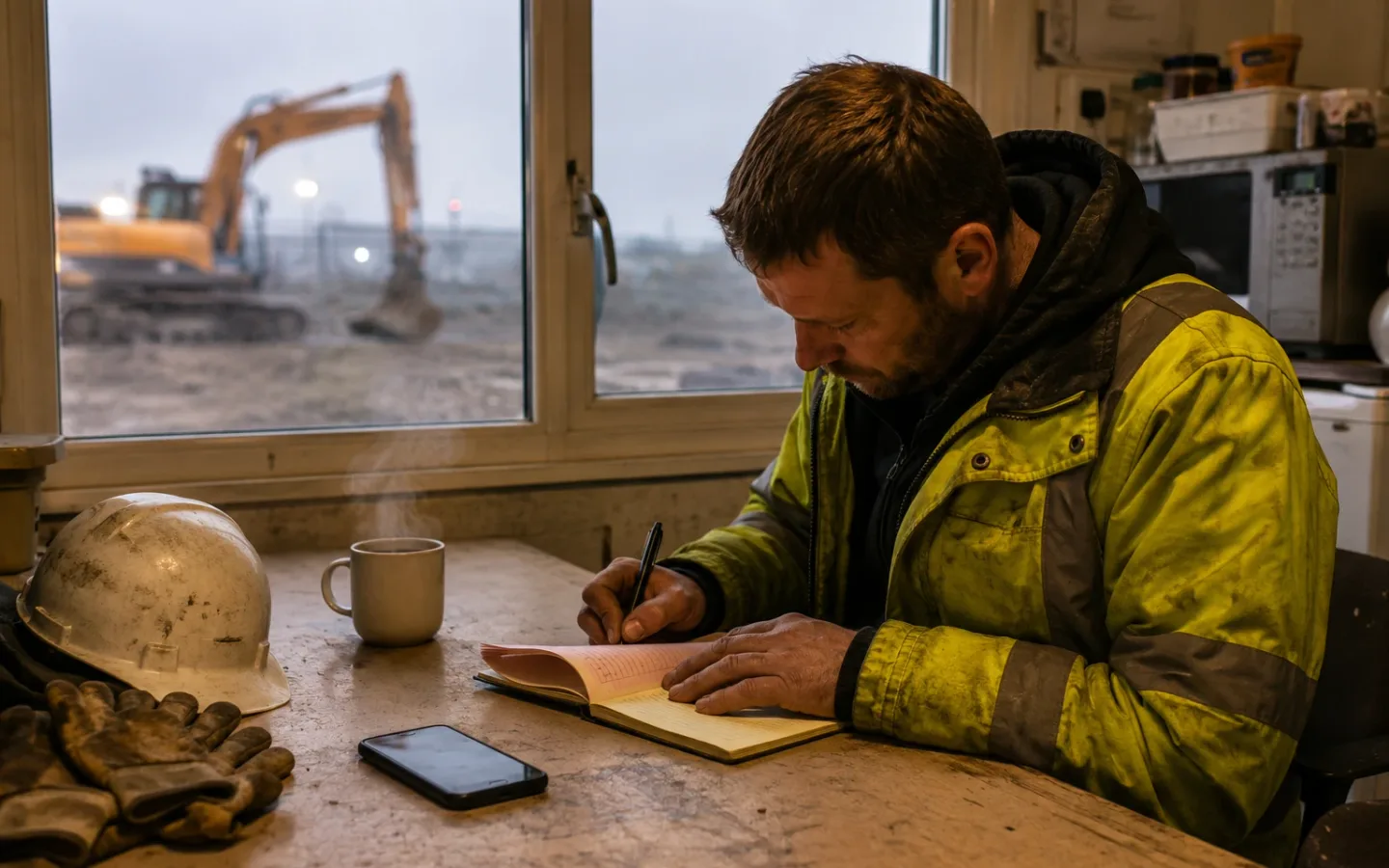 A site supervisor writing up the day’s record in a site cabin at dusk, plant working outside the window