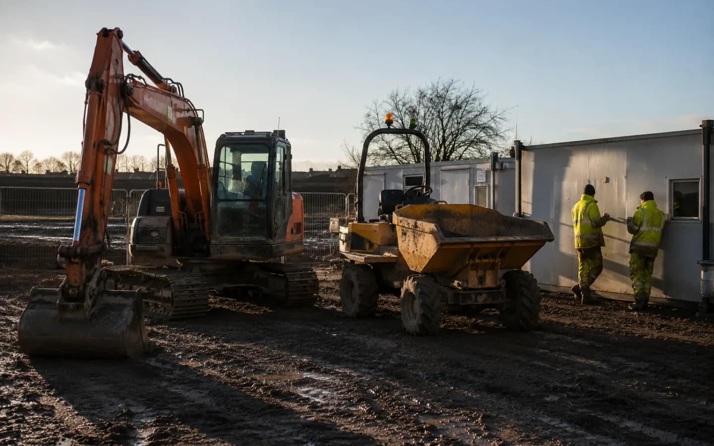 An excavator and site dumper standing idle side by side on a muddy site, cabs empty, while operatives wait by a welfare cabin