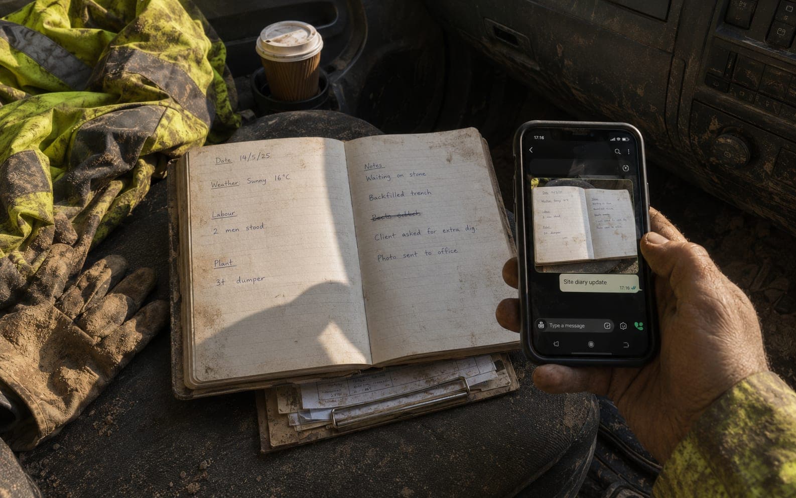 A muddy paper site diary and pen on a van dashboard, with a live construction site behind.
