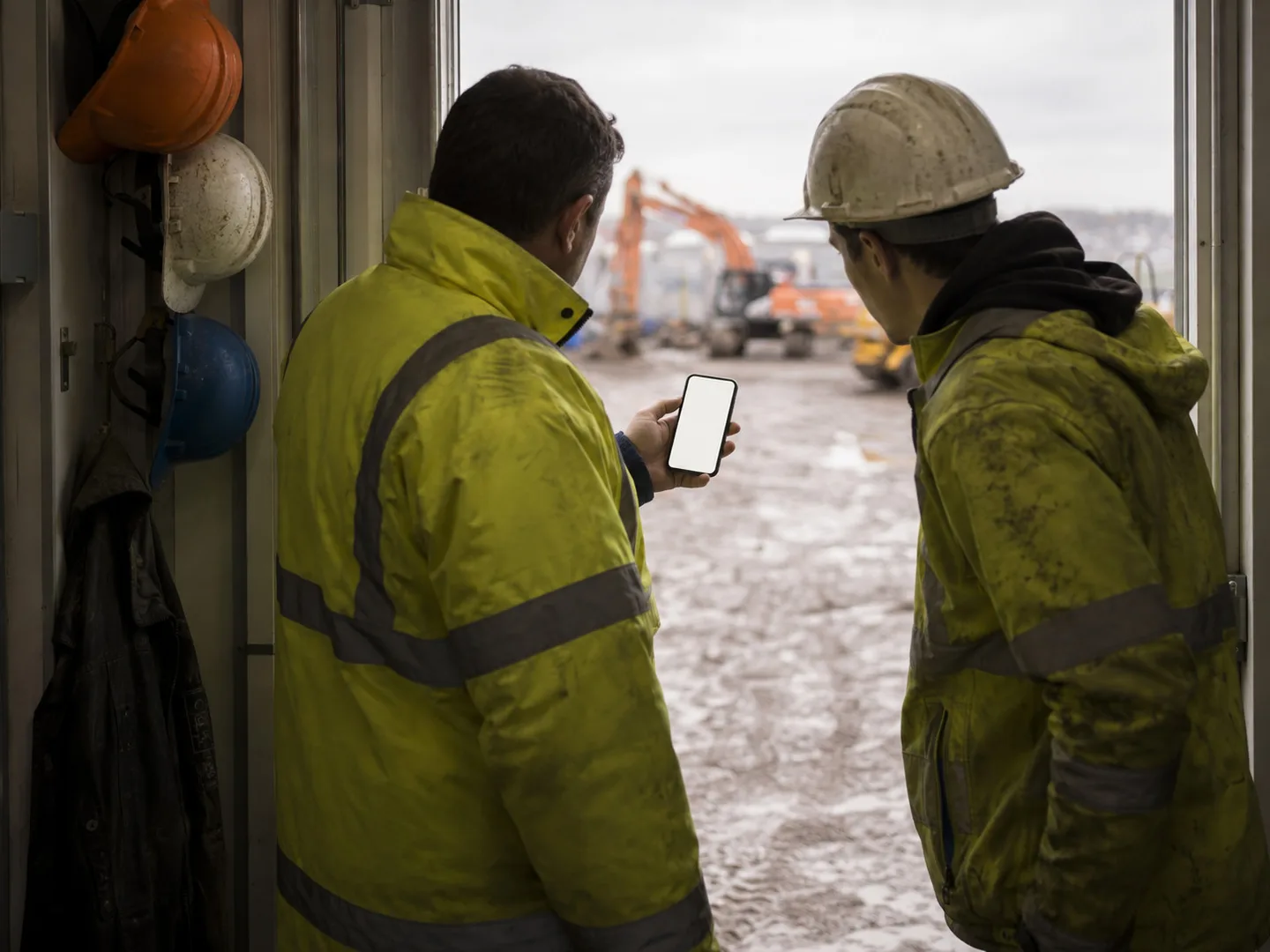 Two site workers in hi-vis at a cabin doorway, one showing the other a phone