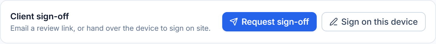 Client sign-off: the site team enters the client's email to send a secure, no-login review link